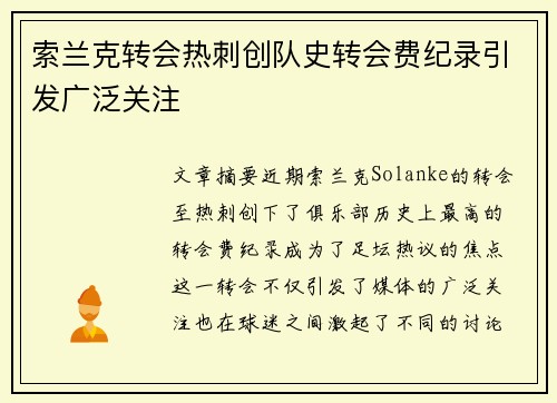 索兰克转会热刺创队史转会费纪录引发广泛关注