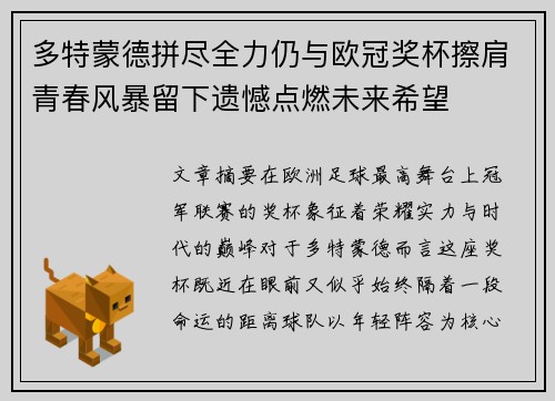 多特蒙德拼尽全力仍与欧冠奖杯擦肩青春风暴留下遗憾点燃未来希望